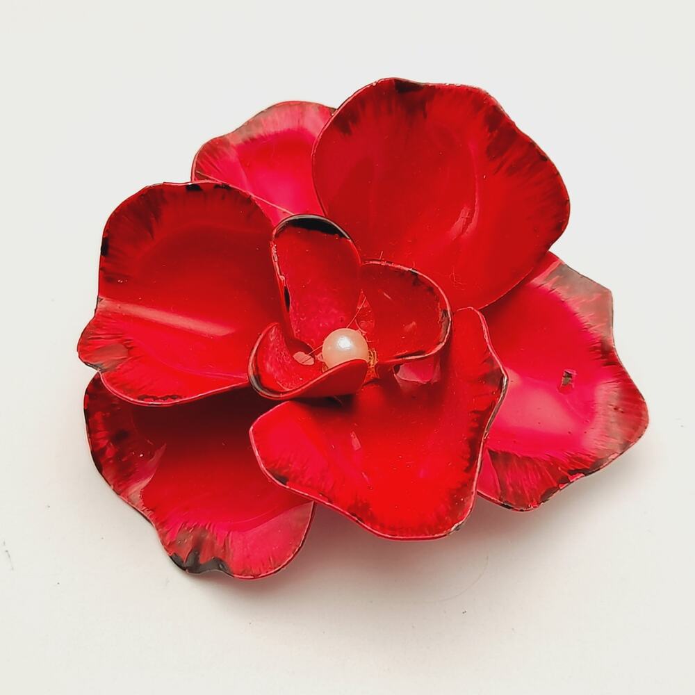 Vintage 1960s Red Enamel Metal Flower 2 1/4 Inches Brooch - Picture 2 of 8